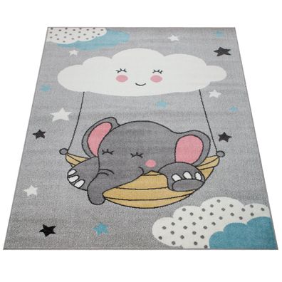 Kinderteppich Elefant und Wolken Muster Spielteppich Kinderzimmer Polypropylen Grau
