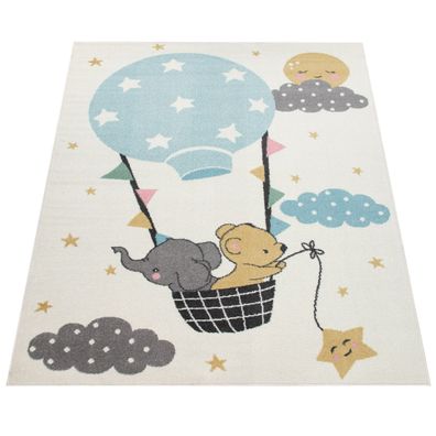 Kinderteppich Ballon mit Tieren Motiv Spielteppich Kinderzimmer Polypropylen Creme