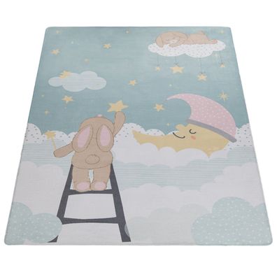 Kinderteppich Wolken Flachgewebe Kinderzimmer waschbar schmutzabweisend Helltürkis