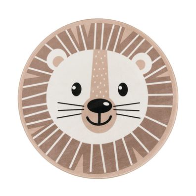 Kinderteppich rund Löwe Kinderzimmer Spielteppich waschbar schmutzabweisend Beige