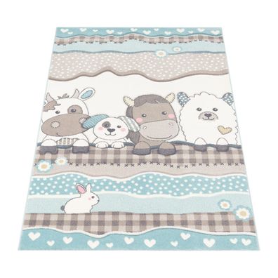 Kinderteppich Tiere Kurzflor Spielteppich Kinderzimmer schmutzabweisend Beige
