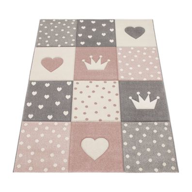 Kinderteppich Herz Kronen Patchwork Muster Spielteppich Kinderzimmer Polypropylen