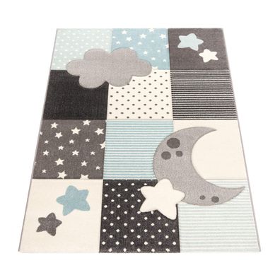 Kinderteppich Wolken-Mond-Patchwork Kurzflor Kinderzimmer schmutzabweisend Blau