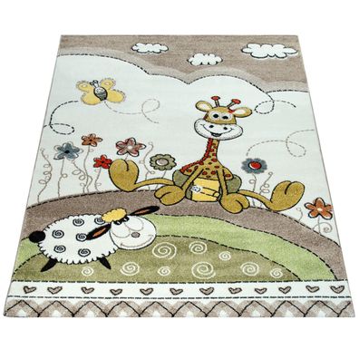 Kinderteppich Giraffe und Schaf Motiv Spielteppich Kinderzimmer Polypropylen Beige