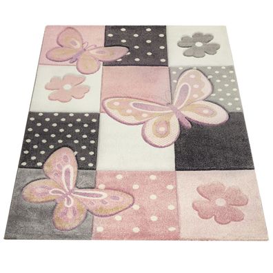 Kinderteppich Kurzflor Schmetterlinge Patchwork Kinderzimmer Spielteppich Mehrfarbig