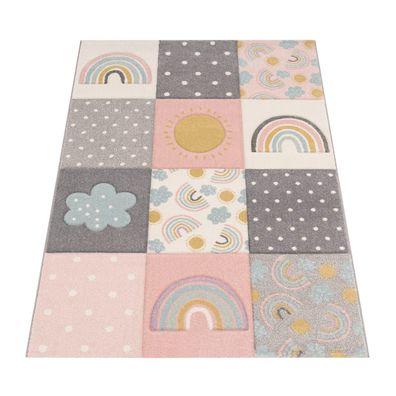 Kinderteppich Wetter-Patchwork Kurzflor Spielteppich Kinderzimmer schmutzabweisend
