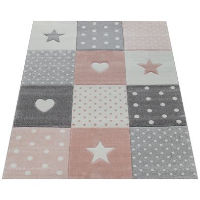 Kinderteppich Herz Stern Patchwork Spielteppich Kinderzimmer Kurzflor Polypropylen