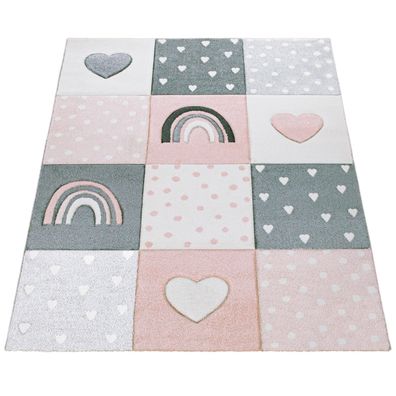 Kinderteppich Herz Regenbogen Patchwork Spielteppich Kinderzimmer Polypropylen