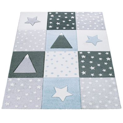 Kinderteppich Kurzflor Stern Berge Patchwork Kinderzimmer Spielteppich Blau