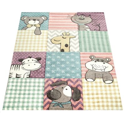 Kinderteppich Tierpatchwork Kurzflor Spielteppich Kinderzimmer schmutzabweisend