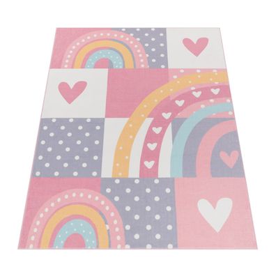 Kinderteppich Patchwork-Regenbogen-Herzen Kinderzimmer waschbar schmutzabweisend