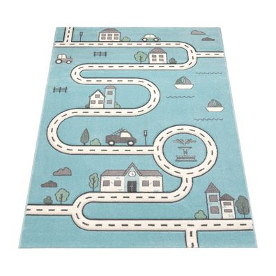Kinderteppich Kurzflor Roadmap Kinderzimmer robust Spielteppich pflegeleicht Blau