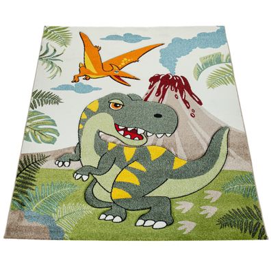 Kinderteppich Dinosaurier Motiv Spielteppich Kinderzimmer Kurzflor Polypropylen Grün