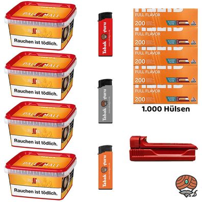 Pall Mall Allround Mega Box 4x 145g Tabak, Gizeh Hülsen, Stopfer, Feuerzeuge