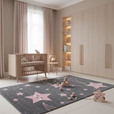 Kinderteppich Sterne Verspielt Robust Pflegeleicht Kindersicher 13mm Pink - TASNA