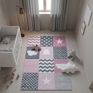 Kinderteppich Herzen Sterne Verspielt Robust Pflegeleicht 13mm Pink Oeko-TEX - TASNA