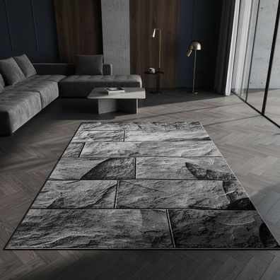 Kurzflorteppich Steinoptik Modern Naturlook Waschbar Strapazierfähig 14mm - DRAU