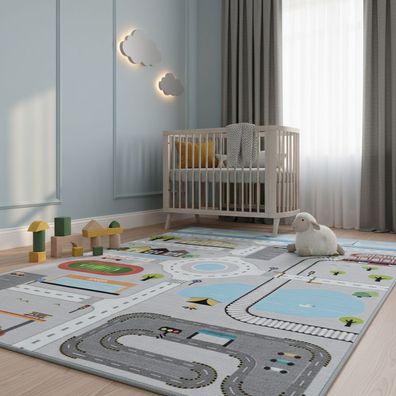 Kurzflorteppich Kinderteppich Spielstraße Rutschfest Pflegeleicht Oeko-TEX - TRAUN