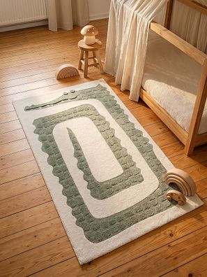 Kinderteppich VELT Läufer Kurzflor Krokodil-Motiv Creme für Kinderzimmer