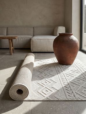 Teppichläufer Kurzflor STURA 80x150 cm Creme Polypropylen Jute für Flur Ethno-Rauten