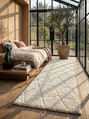 Teppichläufer Hochflor ATRIO 80x150 cm Creme 30 mm Jute Polypropylen Berber für Flur