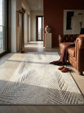 Teppichläufer Kurzflor KAVALA Creme 8 mm Polyester für Flur Palmblätter Marmoroptik