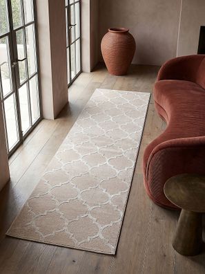 Teppich Kurzflor ERESMA Beige 12 mm Jute Polyester Orient Wohnzimmer Blatt-Motiv