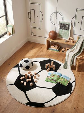 Kinderteppich rund Kurzflor Canazei 200x200 cm Schwarz 12 mm Jute für Kinderzimmer