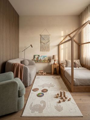 Kinderteppich Canazei rund Kurzflor Dinosaurier Creme für Kinderzimmer