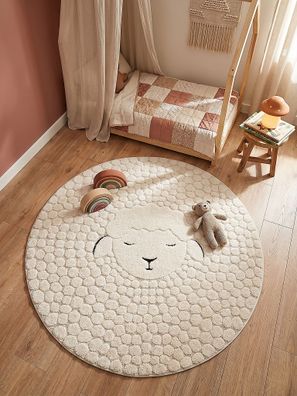 Kinderteppich Canazei rund Creme Schaf-Motiv Kurzflor für Kinderzimmer