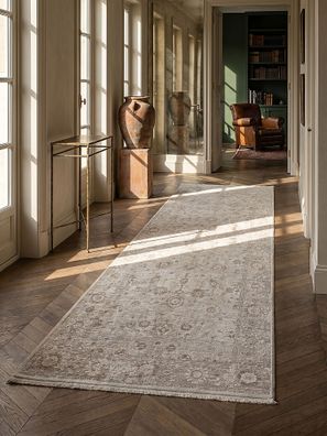 Teppichläufer Kurzflor Scrivia Beige 7 mm florales Orientmuster für Flur