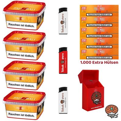 Pall Mall Allround Volumentabak Mega Box 4x 145g, Xtra Hülsen, 3 Feuerzeuge