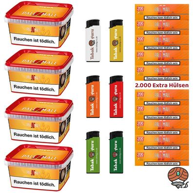 Pall Mall Allround Volumentabak Mega Box 4x 145g, Xtra Hülsen, 6 Feuerzeuge