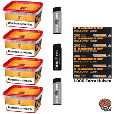 Pall Mall Allround Tabak Mega Box 4x 145g, Full Flavor Extra Hülsen, Feuerzeug