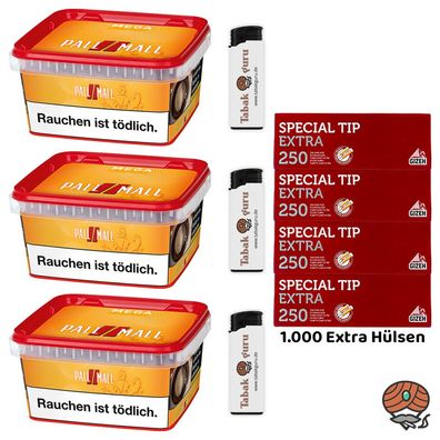 Pall Mall Allround Tabak Mega Box 3x 145g, Gizeh Special Tip Extra Hülsen