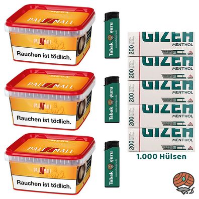 Pall Mall Allround Tabak Mega Box 3x 145g, Gizeh Menth. Hülsen, Feuerzeuge