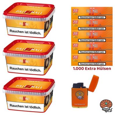 Pall Mall Allround Tabak Mega Box 3x 145g, Allround Hülsen, Sturmfeuerzeug