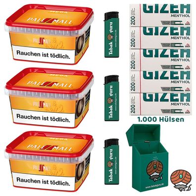 Pall Mall Allround Tabak Mega Box 3x 145g + Gizeh Menth. Hülsen + Zubehör