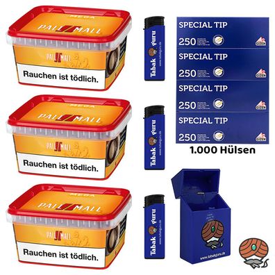Pall Mall Allround Mega Box Tabak 3x 145g, Gizeh Special Tip Hülsen, Feuerz. Box