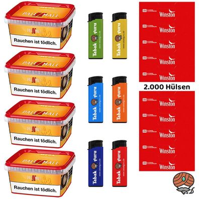 Pall Mall Mega Box Volumentabak 4x 145g, Winston Hülsen, 6 Feuerzeuge