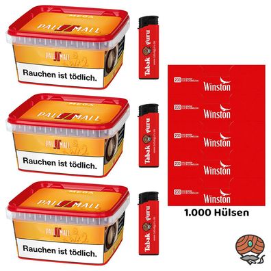 Pall Mall Allround Volumentabak Mega Box 3x 145g, Winston Hülsen, Feuerzeuge