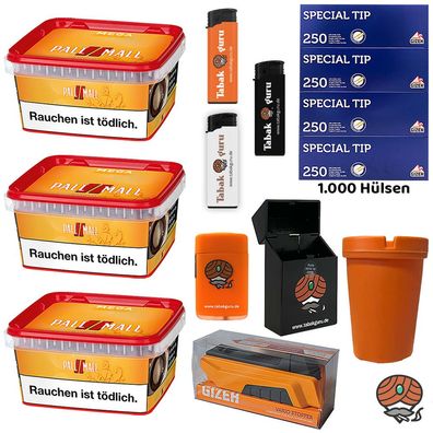 Pall Mall Allr. Mega Box Tabak 3x 145g, Gizeh Special Tip Hülsen, viel Zubehör