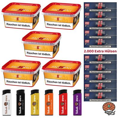 Pall Mall Volumentabak Mega Box 5x 145g, 2000 Red Xtra Hülsen, Feuerzeuge