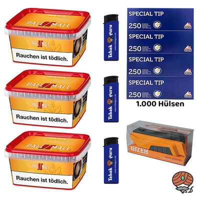 Pall Mall Allround Mega Box Tabak 3x 145g, Hülsen, Gizeh Vario Stopfer