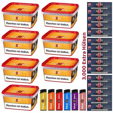 Pall Mall Allround Tabak Mega Box 7x 145g 3000 Xtra Hülsen, 6 Feuerzeuge