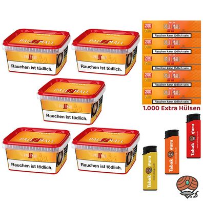 Pall Mall Allround Tabak Mega Box 5x 145g, Allround Xtra Hülsen, Feuerzeuge