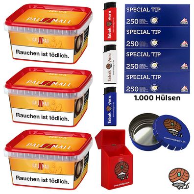 Pall Mall Mega Box Tabak 3x 145g, Special Tip Hülsen, Feuerzeuge, Box, Ascher