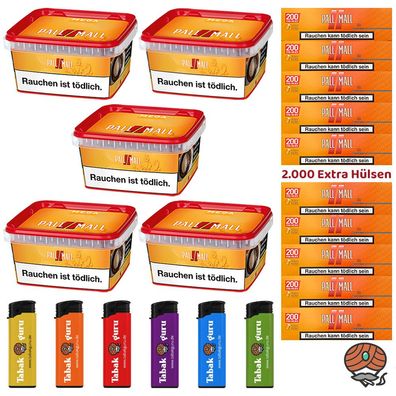 Pall Mall Mega Box Tabak/Volumentabak 5x 145g, 2000 Xtra Hülsen, Feuerzeuge