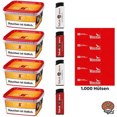 Pall Mall Allround Tabak Mega Box 4x 145g, 1000 Winston Hülsen, Feuerzeuge