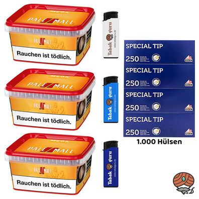 Pall Mall Allround Mega Box Tabak 3x 145g, Special Tip Hülsen, Feuerzeuge